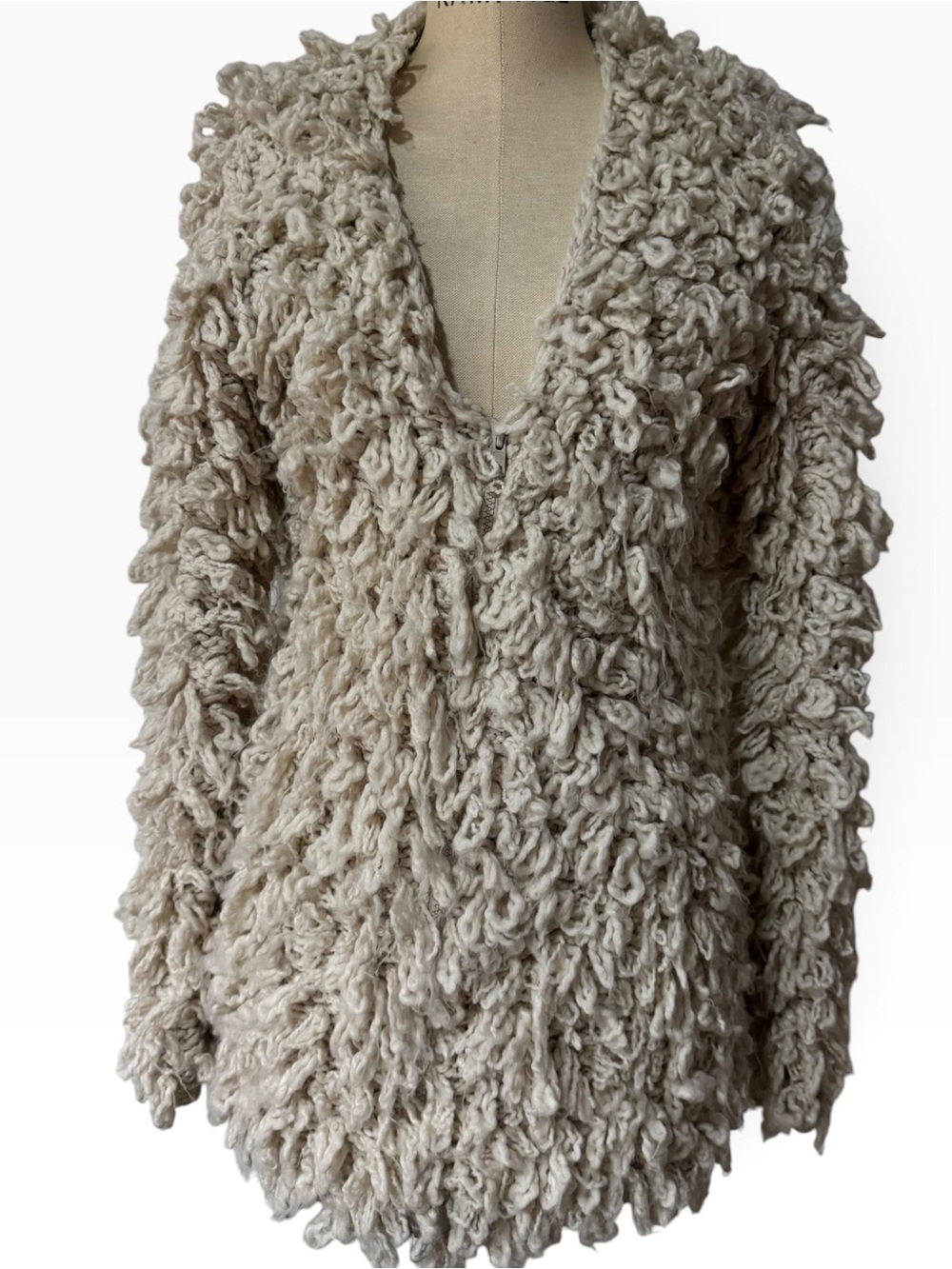 Venus Shaggy Loop Knit Textured Zip Sweater Jacket Ivory XS